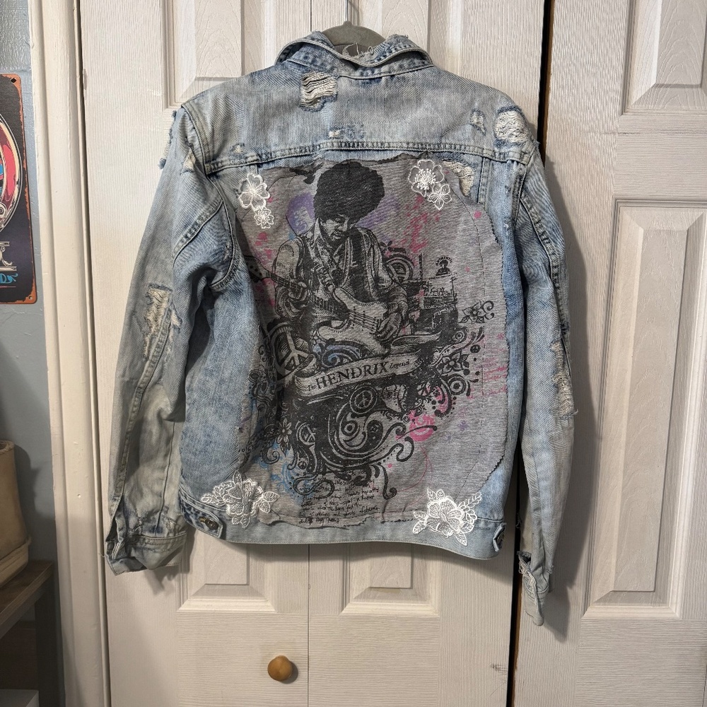 Jimi Hendrix Distressed Bleached Upcycled Graphic T-Shirt & Denim Jacket - XL